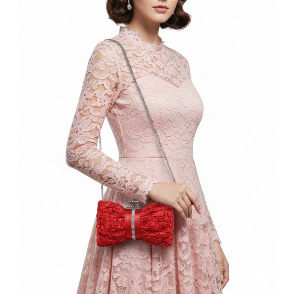 Evening Bag - Bow-inspired 3D Rosettes w/ Linear stones - Red - BG-639F-RD